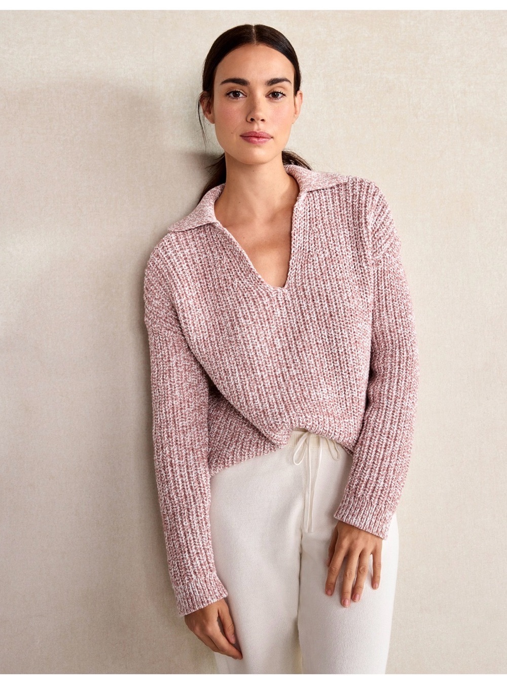 Haven Well Within Marled Knit Polo Beach Sweater Mauve pink white Sz XL